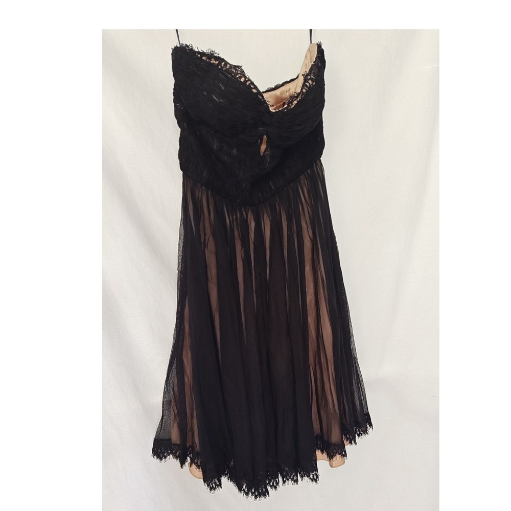Morrell Maxie Cocktail Dress Black Tan Strapless Tulle Lace Trim Keyhole 2